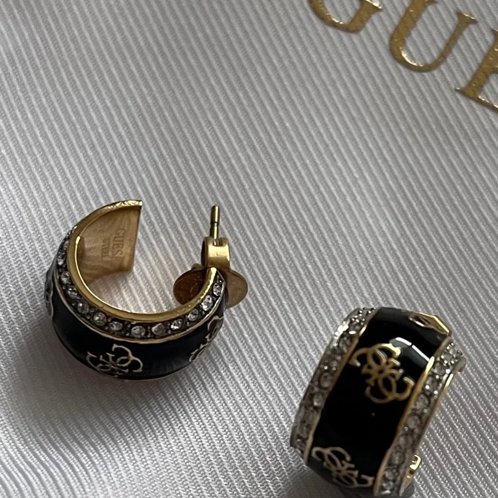 GUESS luxury authentic gold/ black hoop earrings ✨ - Picture 3 of 5